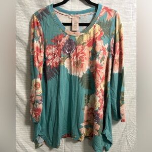 Philosophy Top Women’s Blue Floral Scoop Neck Long Sleeve Pullover Size XL